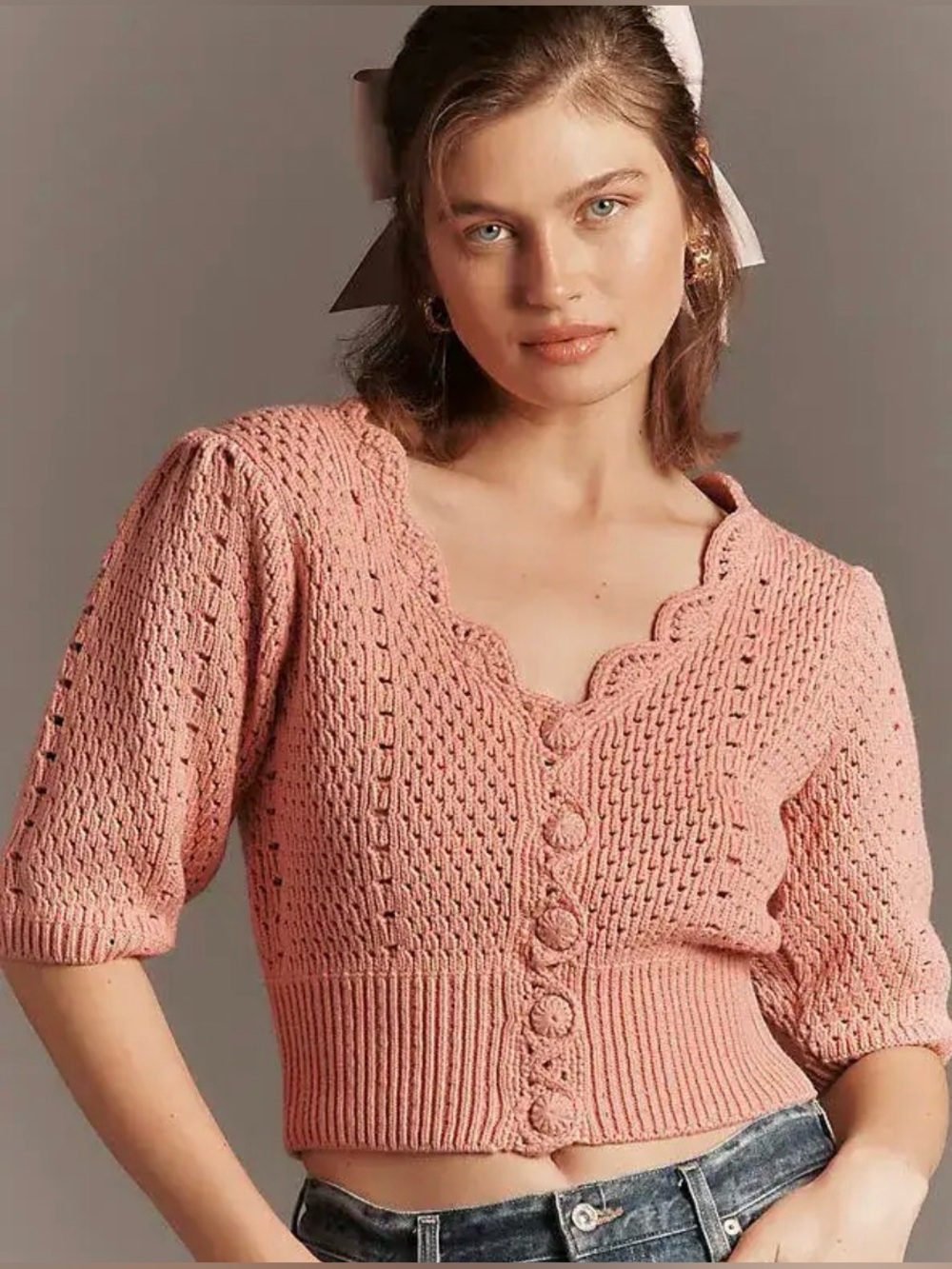 ENGLISH FACTORY Rose Pink Crochet Knit Button-Up Cardigan NWT 🌷